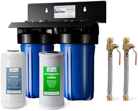iSpring WGB21B-PB+AHPF12MNPT16X2 2-Stage Whole House Water Filtration System w/ 10” x 4.5” Carbon Block and Lead Reducing Filters and 3/4" Push-fit Braided Stainless Steel Hose Connectors by iSpring