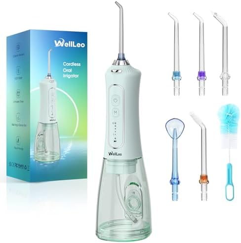 WellLeo Water Flosser for Teeth, 300ML Cordless Oral Irrigator Rechargeable Dental Flosser Picks with 5 Modes 5 Jet Tips,IPX7 Waterproof Teeth Cleaner for Braces Gum Care, Home Travel Use by Wellleo