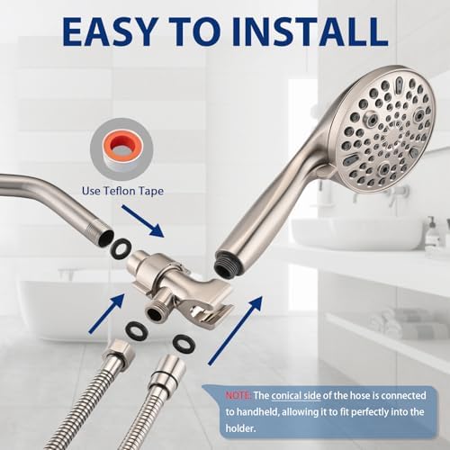 High Pressure 10-Setting Handheld Shower Head, 5" Detachable Shower Spray, 79" Extra Long Stainless Steel Hose, Adjustable Bracket - Brushed Nickel - Image 6