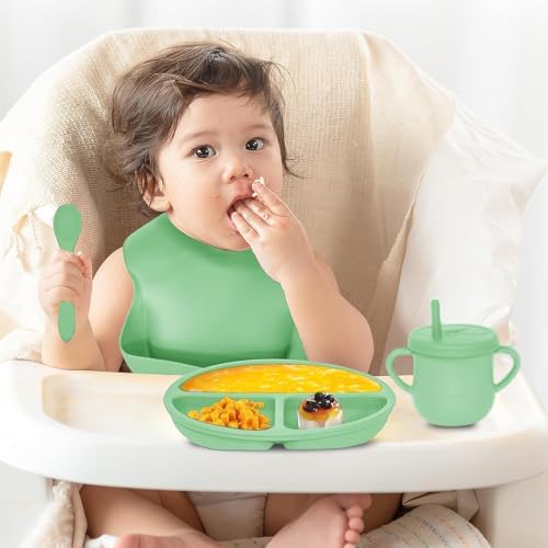 100% Silicone baby feeding set,BPA free Baby dishes set with Suction Bowl Divided Plate,Toddler Self Feeding Dish Set with Spoons Forks Sippy Cup And Bib, Baby Eating Utensils (Neon Green) - Image 2