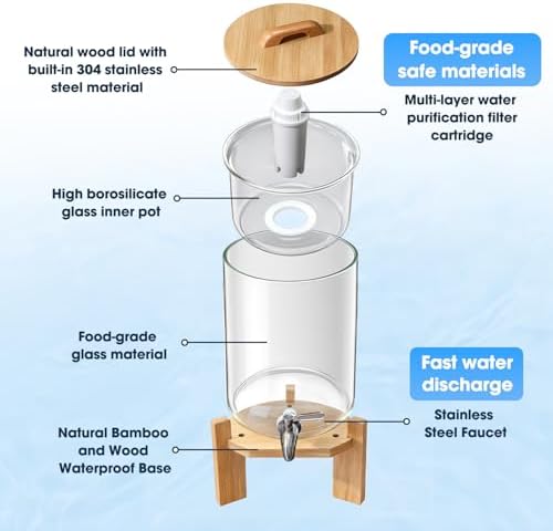 water filter dispenser Countertop water purifier System 2.1 Gallon Glass water filter with Wooden Stand and 1 Filters for Home and Office - Image 4