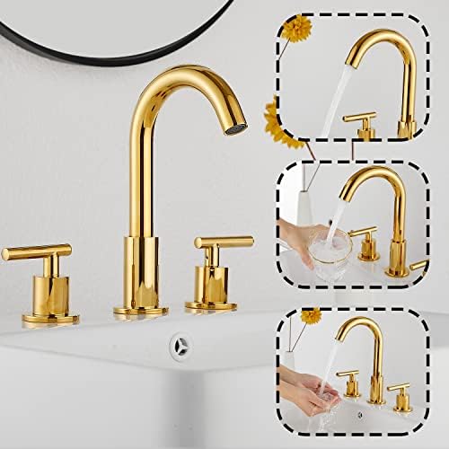 2-Handle Bathroom Faucet 3 Holes 360 Swivel Spout Gold Widespread Bathroom Sink Faucet with Pop Up Drain - Image 4