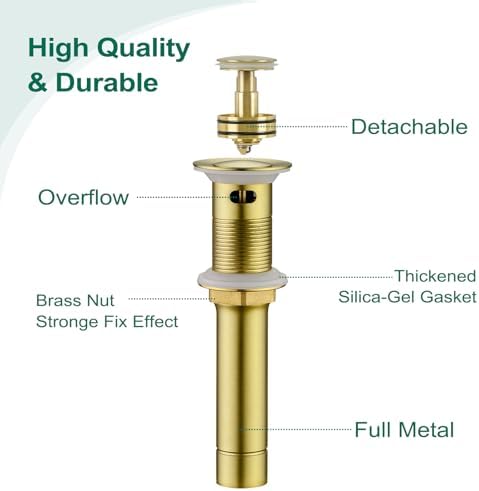 CREA Gold Bathroom Sink Drain Stopper,Pop Up Sink Drain Stopper Bathroom Sink with Overflow,Vessel Sink Drain Plug with Anti-Clogging Strainer Pop Up Drain Stopper Kit All Metal Stailess Steel - Image 2
