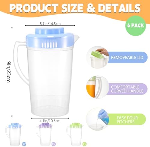 6 Pack Round Clear Plastic Pitcher with Lid & Handle, Easy Pour Bottles for Water Milk Tea Classroom Nursery Home(Colorful) - Image 2