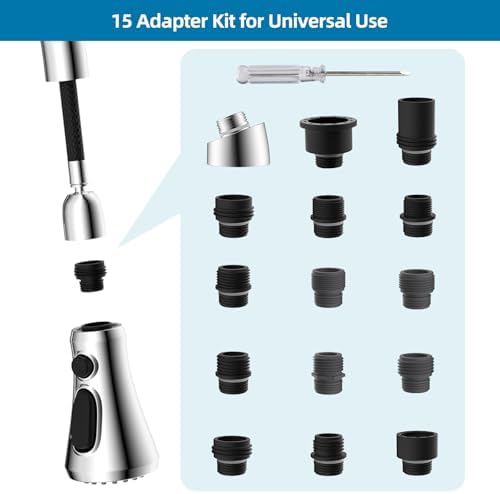Universal Kitchen Faucet Head Replacement, 3 Modes, 15 Adapter Kit, Chrome - Image 2