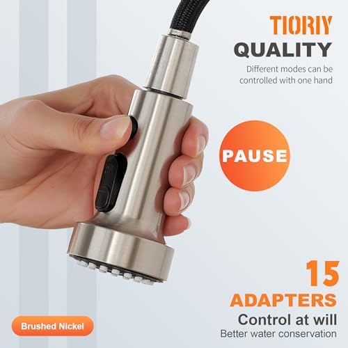 TIORIY with 15 Adapters Pull Down Kitchen Sink Faucet Head Replacement, 3 Functions Plastic Kitchen Sink Sprayer Nozzle Replacement for Kitchen Faucet, Pause Mode (Brushed Nickel) - Image 4