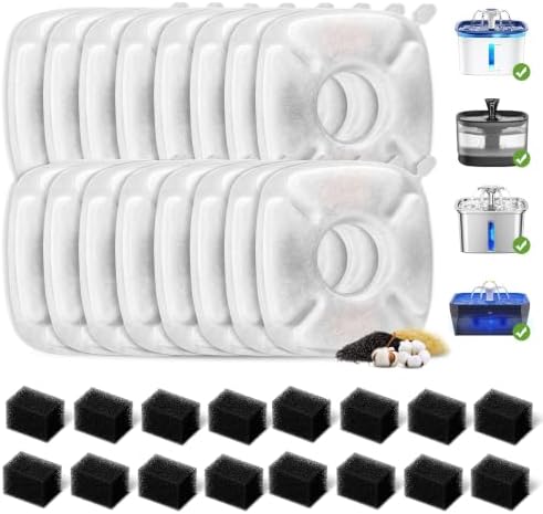 32 Pcs Cat Water Fountain Replacement Filters- 16 Pack Cat Fountain Filters with 16 Pack Pre-Filter Sponges, Pet Fountain Filter Fit for 95oz/2.8L Automatic Pet Fountain Cat Water Fountain by HomeFio