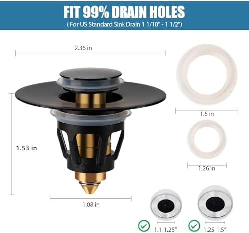 Three colors Bathroom Sink Stopper, 1.1-1.5" Bathroom Sink Strainer, Universal WashBasin Pop Up Drain Stopper, Bounce Core Push Type Sink Plug, Anti-Clogging, Stainless Steel (Matte Black,1PCS) - Image 4