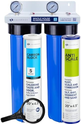 Aquaboon 2-Stage Whole House Water Filter System with 20x4.5 Sediment/Anti-Scale, Carbon Block Filters, Pressure Gauges & Release, Wrench, Bracket by Aquaboon