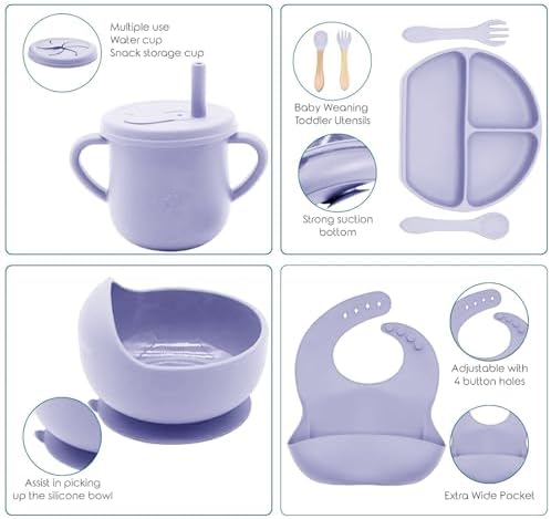 100% Silicone Baby Feeding Set,BPA Free Baby Dishes Set with Suction Bowl Divided Plate,Toddler Self Feeding Dish Set with Spoons Forks Sippy Cup and Bib, Baby Eating Utensils(Purple) - Image 3