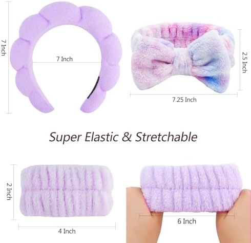 VELSCRUN 6 Pack Spa Headband, Makeup Headband, Face Wash Headbands, Skincare Headbands, Multicolour Purple Sponge Hair Band Bow Tie Spa Head Band for Washing Face Wristband Set Women Hair Accessories - Image 6