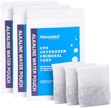 Filterelated Alkaline Water Filter Pouch 30g, Raise pH to 9+, BPA-Free SGS Tested, Portable Water Filter for Home, Camping, Travel, Office, Long-Lasting 105 litres / 28 Gallons(3-Pack) by Filterelated