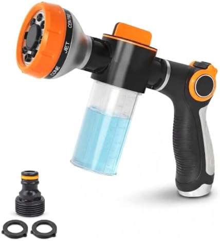 Garden Hose Nozzle with Soap Dispenser, 8 Patterns (Black, Orange) by VIKROM