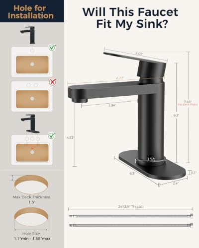 FORIOUS Bathroom Faucet 1 Hole, Single Handle Vanity Faucet Matte Black - Image 2