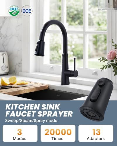WOWOW Kitchen Faucet Head Replacement, 3 Function Pull Down Faucet Sprayer Head with 13 Adapters, Matte Black Kitchen Sprayer Nozzle Compatible with Moen, Delta, Kohler Faucets - Image 6