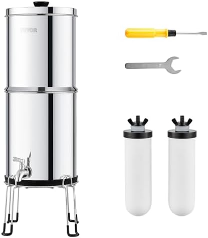 VEVOR Gravity-fed Water Filter System, 2.25G 304 Stainless-Steel Countertop Water Filtration System, Reduces Lead and up to 99% of Chlorine, with 2 Ceramic Carbon Filters, Spigot, and Stand by VEVOR