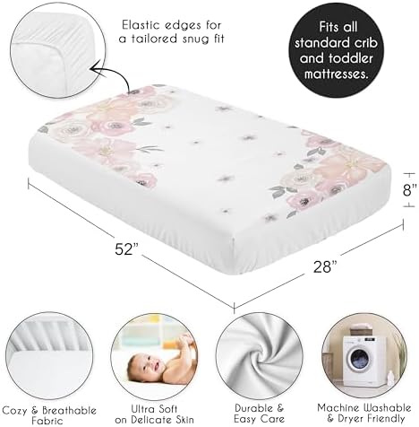 Sweet Jojo Designs Fitted Baby Crib Sheets (Pink/Grey Boho Floral) for Girls, Infant Nursery, Toddler Room - Standard Size (Photo Op, Rose, Flower, Bohemian, Farmhouse, Wildflower, Nature, Elegant) - Image 4