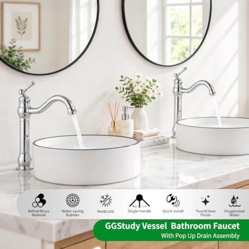 360° Swivel Chrome Single Handle One Hole Bathroom Sink Faucet Matching with Pop Up Drain - Image 2