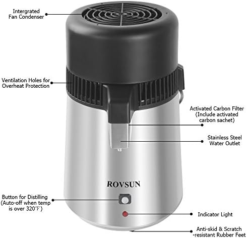 ROVSUN【Upgraded】 1.1 Gallon/4L Countertop Water Distiller Stainless Steel for Home, 750W Distilled Water Machine Maker Water Distillers with Glass Container, 1L/H, Silver - Image 4