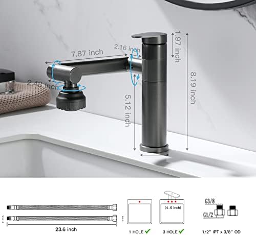 1080 Degree Swivel Bathroom Faucet Gun Grey Lavatory Basin Sink Faucet - Image 6