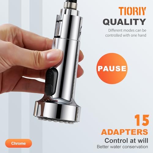 TIORIY Kitchen Faucet Spray Head Replacement with 15 Adapters, Plastic Spray Nozzle for Kitchen Faucet 3 Modes, Compatible with American Standard Faucets, Pause Mode (Chrome) - Image 4