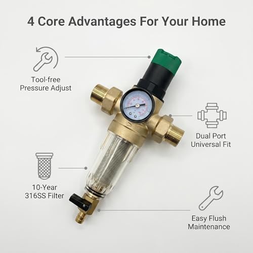 Whole House Spin Down Sediment Filter with Manual Pressure Regulator - Reusable 50 Micron SS Filter screen, BPA-Free Brass Body, Built-in- Gauge, 3/4"NPT（DN20）Ports, Easy Flush Pre-filter - Image 2