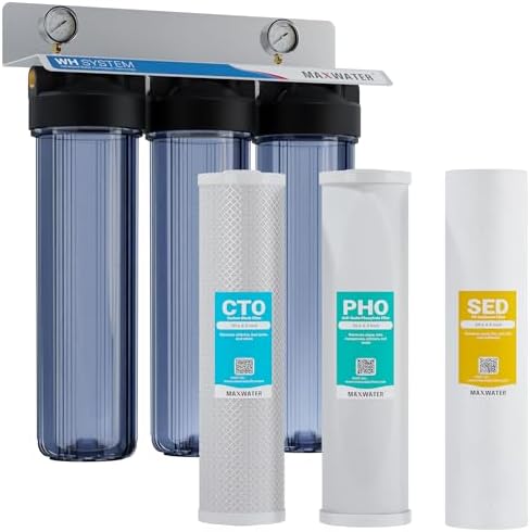 Max Water 3 Stage Whole House Water Filter System with Sediment + Phosphate Anti Scale (PHO) + CTO Chlorine Reduction Filter - 1" Inlet/Outlet, Pressure Gauges, Wrench, Bracket by MaxWater