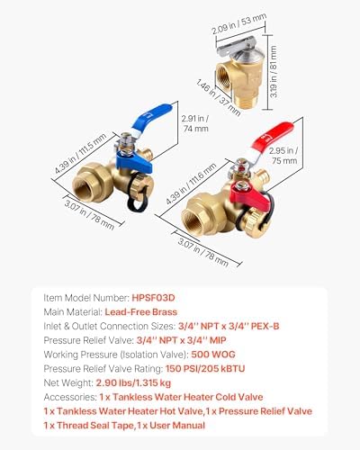 VEVOR Water Heater Kit, 3/4 Inch Tankless Water Heater Service Valve Kit with 2PCS 3/4″ NPT to 3/4″ PEX-B Isolation Valves, Pressure Relief Valve, Lead-Free Brass, Fits Most Tankless Waters Heaters - Image 7