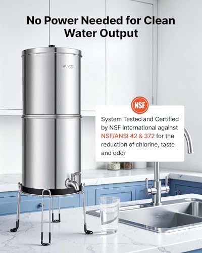 VEVOR Gravity-fed Water Filter System, 2.25G 304 Stainless-Steel Countertop Water Filtration System, Reduces Lead and up to 99% of Chlorine, with 2 Carbon Filters, Spigot, and Stand, for Home Camping - Image 2