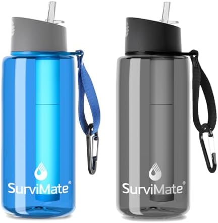 SurviMate Purified Water Bottle for Camping, Hiking, Backpacking and Travel, BPA Free with 5-Stage Intergrated Filter Straw by SurviMate
