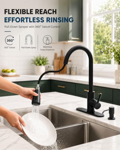 Kitchen Faucet with Pull Down Sprayer and Soap Dispenser, Black 304 Stainless Steel Single Handle with 3 Spray Modes, 18-Inch Hose, 10-Inch Deck Plate - Image 2