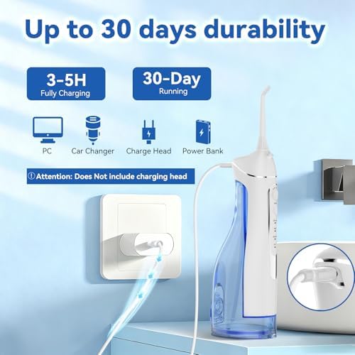 Cordless Portable Water Flosser with 300ML Tank: Rechargeable Oral Irrigator with 5 Tips for Travel, Braces Care and Sensitive Gums, IPX7 Waterproof Teeth Cleaning Device(White) - Image 5