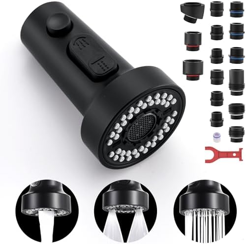 TIORIY Kitchen Faucet Head Replacement Black, with 15 Adapters Plastic Pull Down Faucet Spray Head, 3 Modes Pull Out Kitchen Sink Sprayer Nozzle, Matte Black by TIORIY