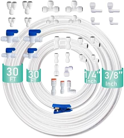 ESHIONG NSF Certified 1/4" & 3/8"O.D. Water Line Tubing and Push to Connect Fittings for RO (Reverse Osmosis) Water Filter 30 pcs+30 feet 1/4" tubing+30 feet 3/8" tubing. by ESHIONG