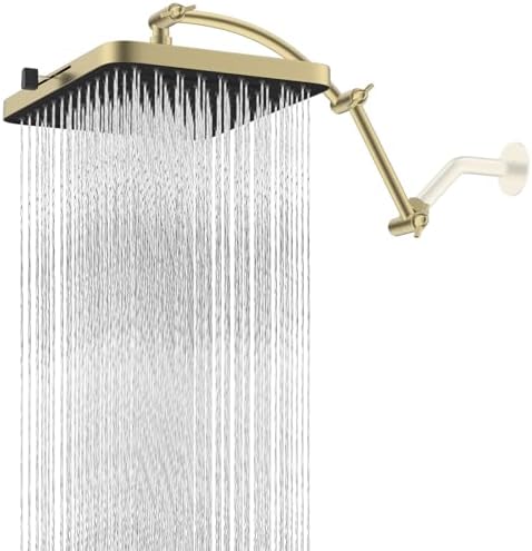 Hibbent Rain Shower Head, 13'' High Pressure Rainfall Square 5 Spray Mode Showerhead with 16" Shower Head Extension Arm, Solid Brass Adjustable Shower Arm Extender, Brushed Gold by Hibbent