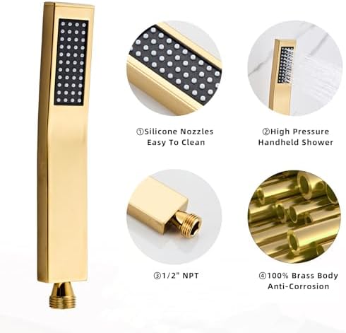 Handheld Shower Head，High Pressure Brushed Gold Shower Head,Water Saving Detachable Shower Wand with Solid Brass Body and 5 ft Flexible Hose, Easy to Clean and Durable - Image 3