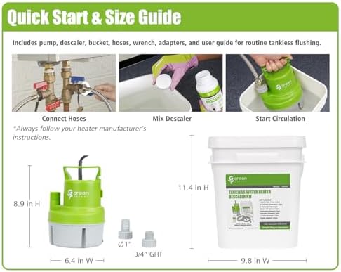 Green Expert Tankless Water Heater Flushing Kit with Powder Descaler, Circulation Pump, 3 Gallon Bucket, 3/4” GHT Stainless Steel Hoses for Cleaning, Descaling & Annual Maintenance - Image 4