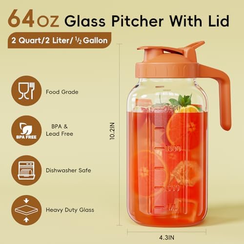 JunVpic Glass Pitcher with lid, 64 oz Wide Mouth Mason Jar - Image 2