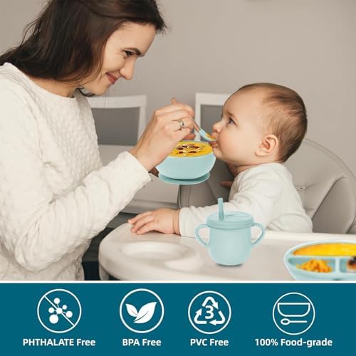100% Silicone Baby Feeding Set,BPA Free Baby Dishes Set with Suction Bowl Divided Plate,Toddler Self Feeding Dish Set with Spoons Forks Sippy Cup and Bib, Baby Eating Utensils(Light Blue) - Image 4