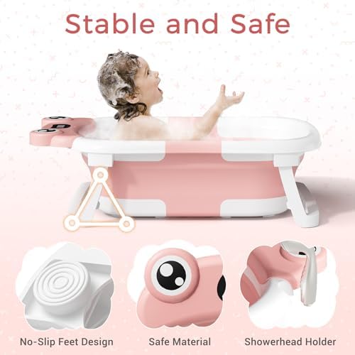 BUNWAG Baby Bathtub, Collapsible Newborn Bathtub for Infant to Toddler with Soft Cushion and Thermometer,Portable Travel Newborn Tub with No-Slip Feet, Baby Shower Gifts, 0-12 Months Baby Bath, Pink - Image 2