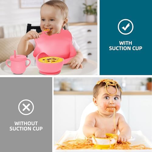 100% Silicone baby feeding set,BPA free Baby dishes set with Suction Bowl Divided Plate,Toddler Self Feeding Dish Set with Spoons Forks Sippy Cup And Bib, Baby Eating Utensils (Hot Pink) - Image 5