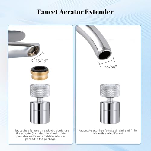 Hibbent Dual-function Solid Faucet Aerator, Big Angle Rotate Metal Kitchen Sink Aerator 360 Degree Swivel Sink Sprayer Attachment-55/64 Inch Female Thread-Chrome - Image 6