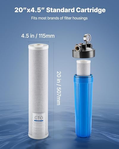 VEVOR CTO Whole House Water Filter, 20 x 4.5 Inch Universal Fit, Activated Carbon Block Cartridge Replacement, 5 Micron Coconut Shell Charcoal Filters, Reduces Chlorine, Taste & Odor, 2 Pack - Image 4