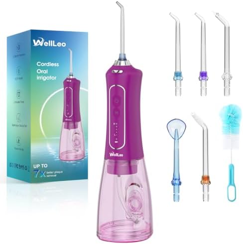 WellLeo Water Flosser for Teeth, 300ML Cordless Oral Irrigator Rechargeable Dental Flosser Picks with 5 Modes 5 Jet Tips,IPX7 Waterproof Teeth Cleaner for Braces Gum Care, Home Travel Use by Wellleo