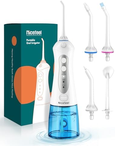 Nicefeel Water Flosser, 300ML Portable Water Dental Pick Cordless for Teeth, Braces, Sensitive Gum, Oral Irrigator for Travel & Home with 5 Jet Tips & 3 Modes, Rechargeable, IPX7 Waterproof by NicefeelaProfessionalWaterFlosserProvider
