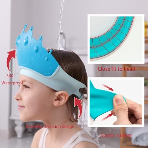 Baby Shower Cap Shield, Baby bath set shower cap, Visor Hat for Eye and Ear Protection for 0-9 Years Old Children,Cute Crown Shape Makes the Baby Bath More Fun (Blue) - Image 3