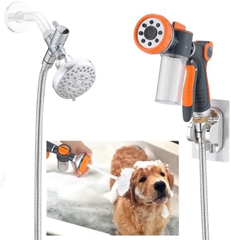 Dog 8.2ft Pup Shampoo Dispenser Jet Attachment to Shower Head Washing, 8-Setting High Pressure Pet Wash Cleaning Sprayer Bath for Bathtub Station, Adhesive Shower Holder, Indoor by Ultrimkit