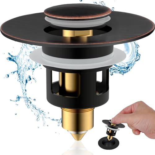Hibbent All Metal Universal Bathroom Sink Stopper for 1.1''~2.3'' Basin, Pop Up Sink Drain Strainer, Brass Bullet Core Push Type Stopper, Stainless Steel Anti Clogging Drain Filter, Oil-Rubbed Bronze by Hibbent
