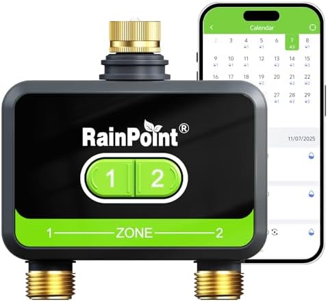 RAINPOINT Smart Water Timer, Smart Hose Timer 2 Outlet with Brass Inlet & Outlet (Not Gateway), Wireless Sprinkler Controller with Rain Delay, Automatic Irrigation System for Lawns and Yard by RainPoint