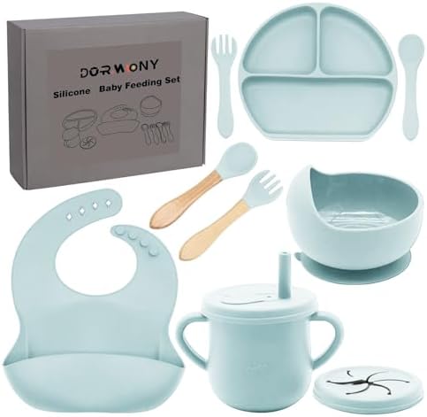 100% Silicone Baby Feeding Set,BPA Free Baby Dishes Set with Suction Bowl Divided Plate,Toddler Self Feeding Dish Set with Spoons Forks Sippy Cup and Bib, Baby Eating Utensils(Light Blue) by Dormlony